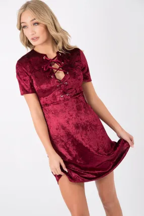 Wine Velvet Lace Up Skater Dress - Taylah