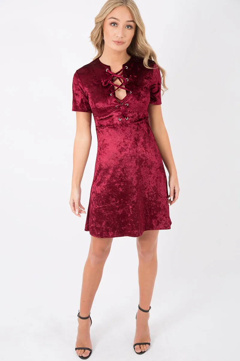 Wine Velvet Lace Up Skater Dress - Taylah